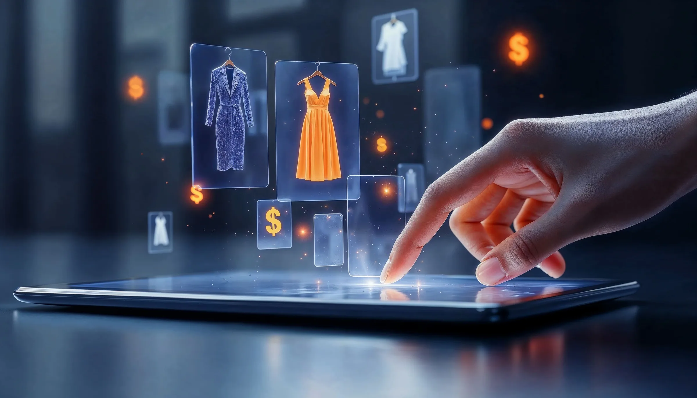 Online shopping technology with virtual clothing display on touchscreen device.