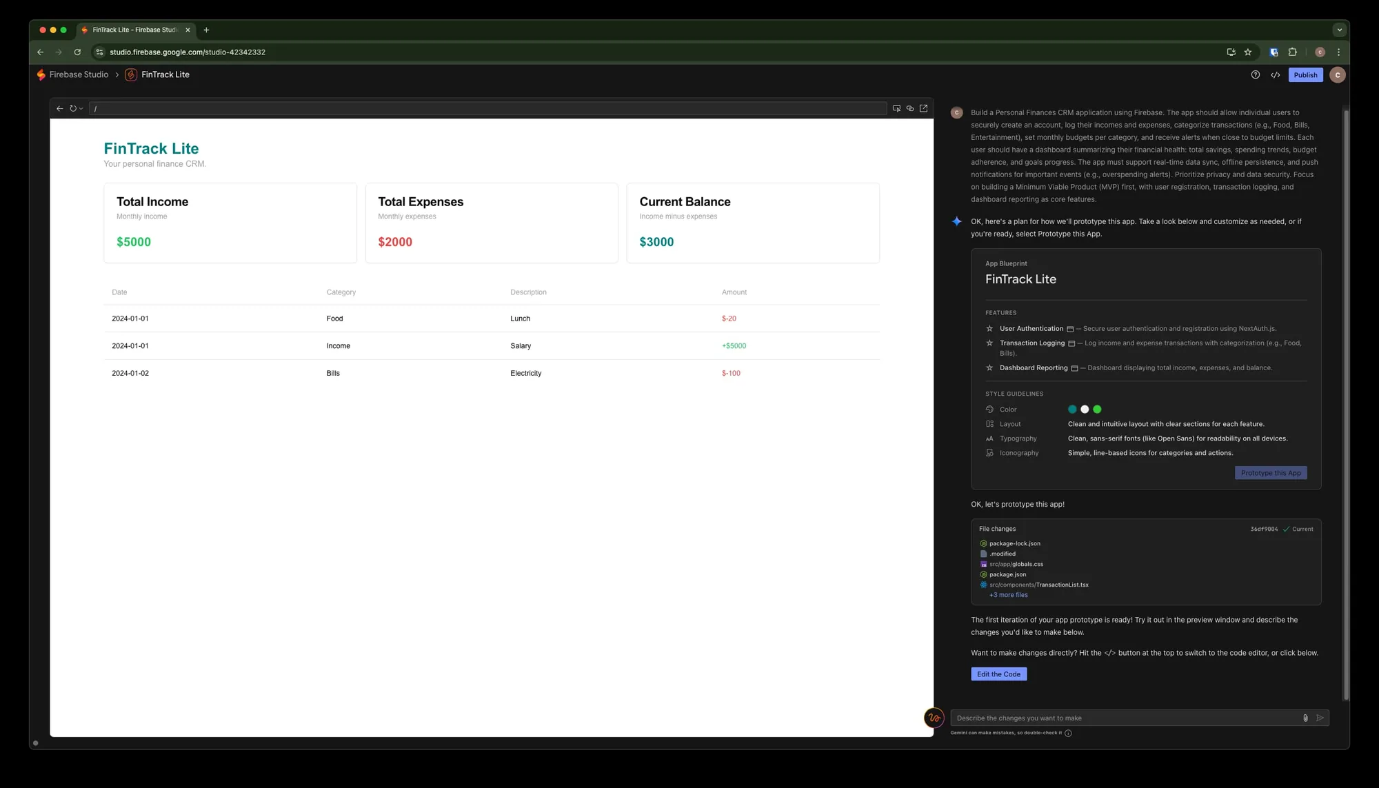 Personal Finance CRM dashboard built with Firebase and AI showcasing user authentication, and financial data tracking.