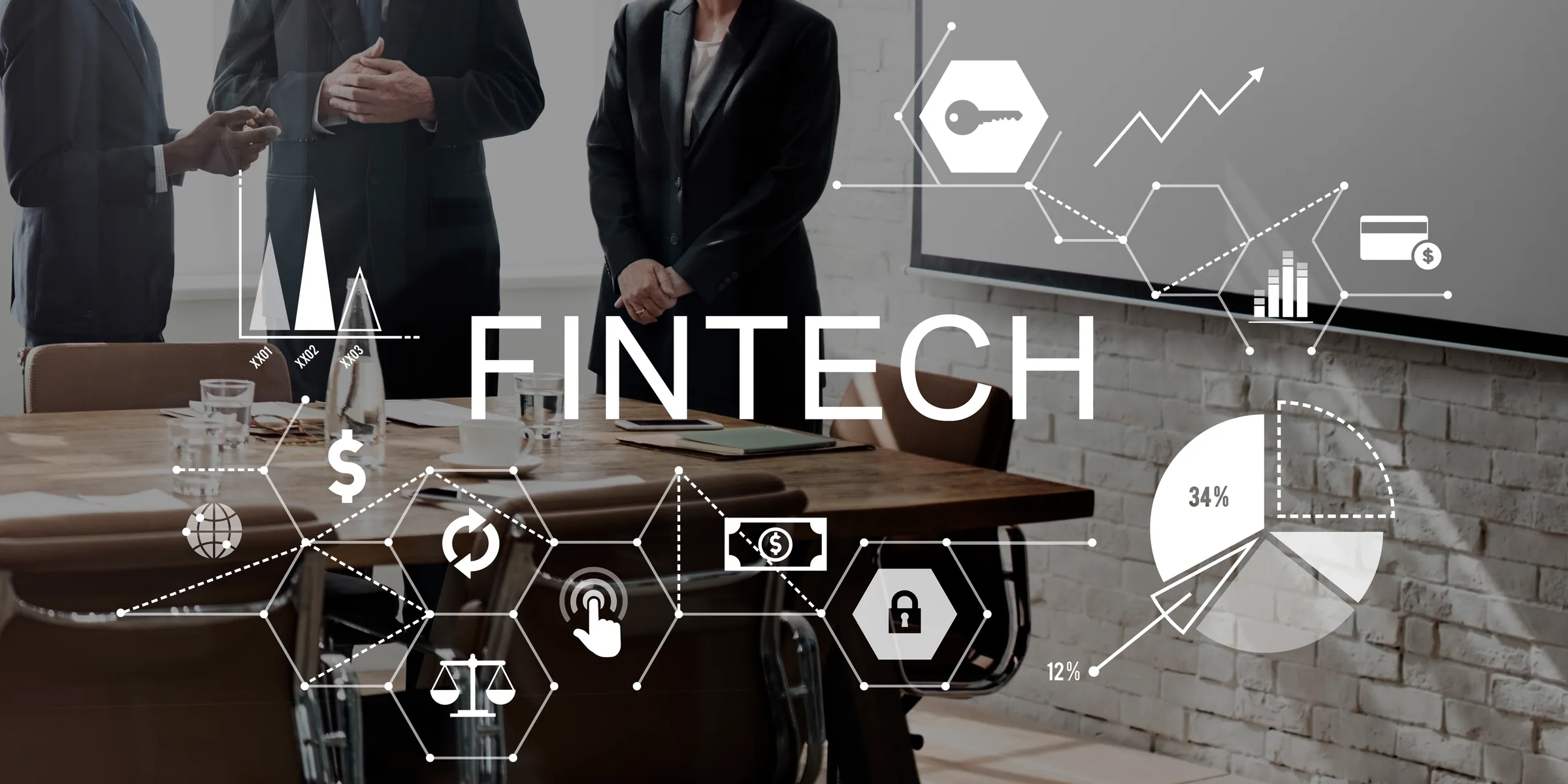 Business professionals with digital icons representing financial technology, data analytics, and cybersecurity trends.