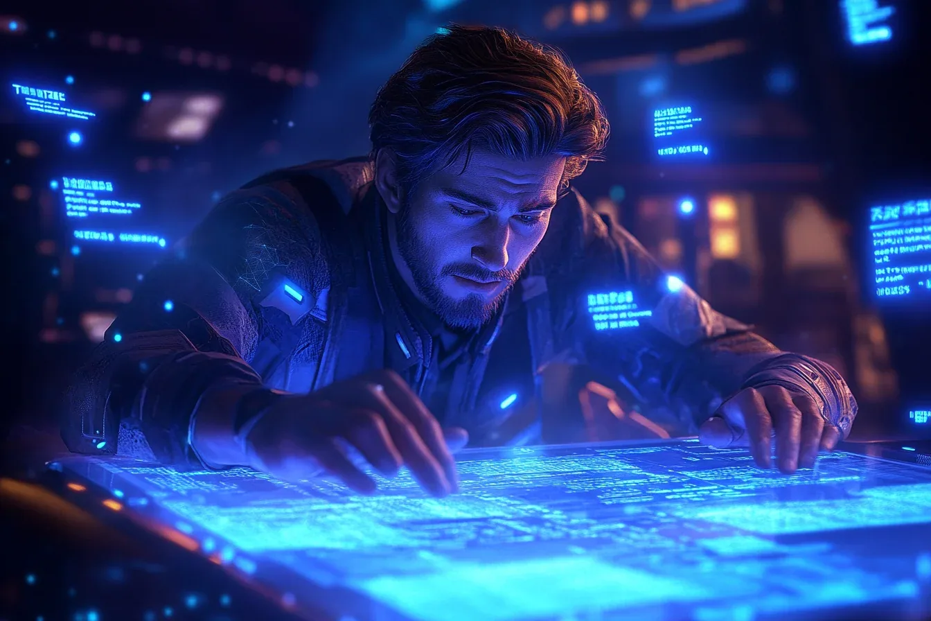 Focused programmer analyzing futuristic digital interface, exploring mock APIs and overcoming self-doubt.