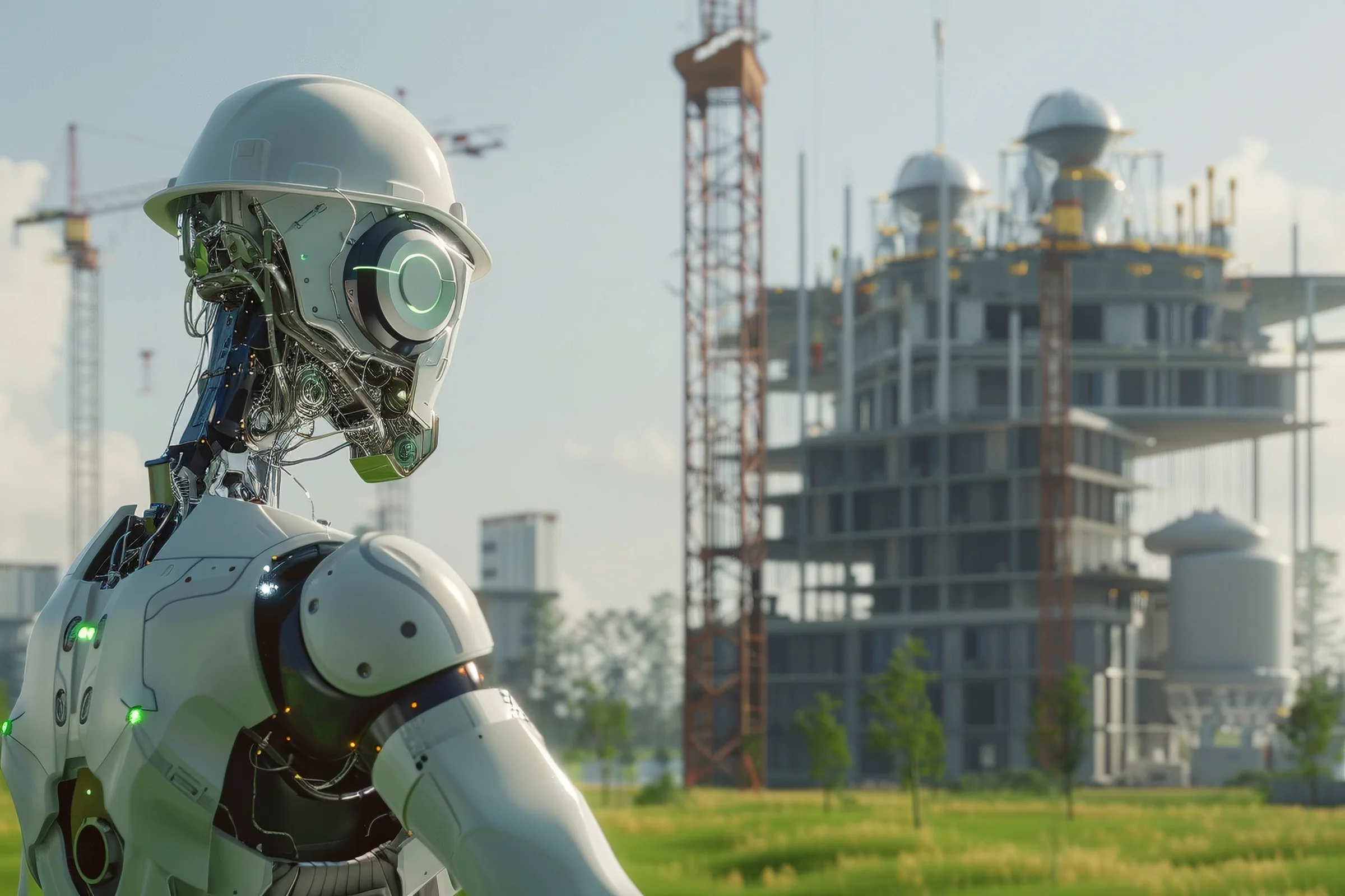 AI-powered robot overseeing a smart construction site and digital transformation elements in the background.