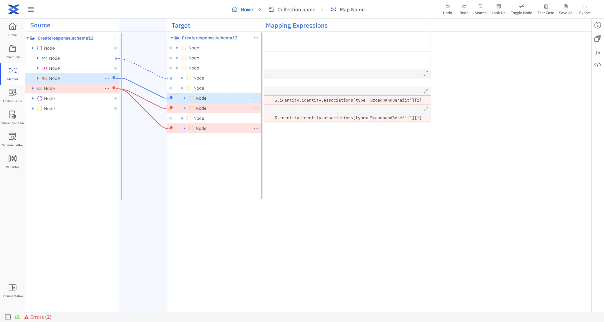 Data Mapper user interface for data integration, conversion processes, and and transforming data.