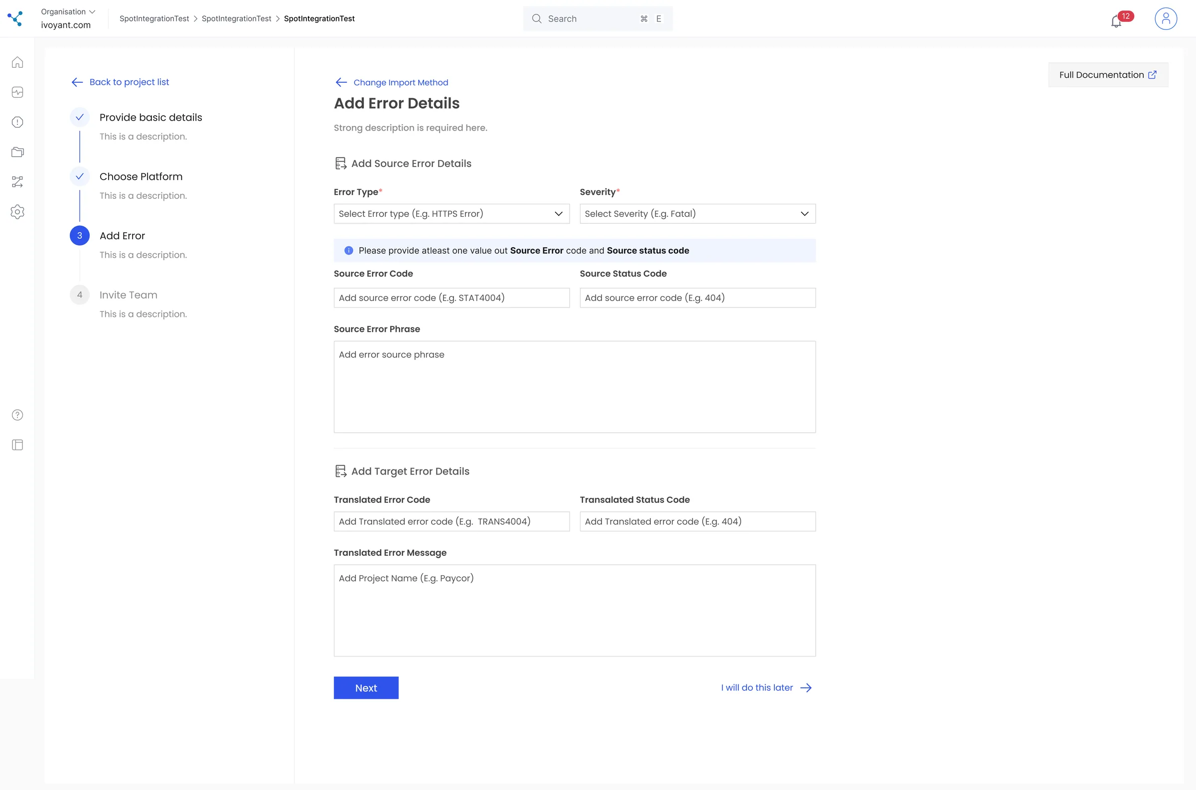 ErrorNex interface for manual error tracking and reporting dashboard visualization.