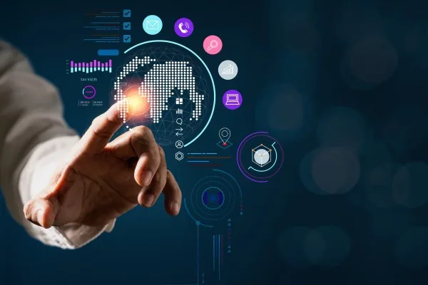 A hand interacting with futuristic digital transformation icons, representing AI, big data, and global connectivity.