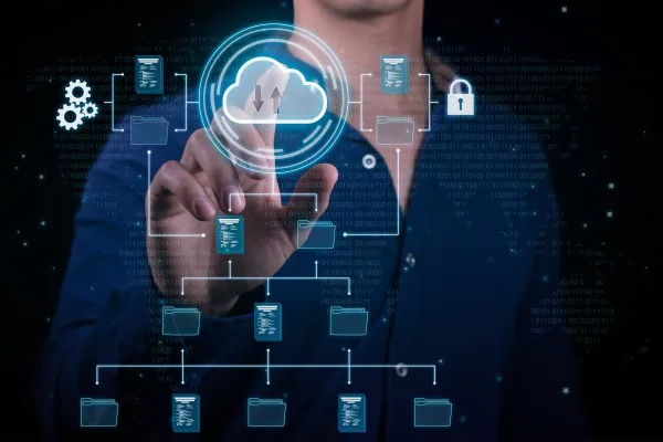 A professional accessing cloud computing technology, showcasing digital transformation.