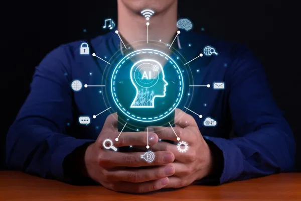 Man holding a smartphone with a glowing AI-powered digital interface, symbolizing futuristic technology.