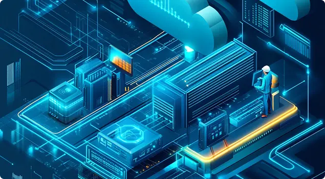 Advanced cloud infrastructure with a digital interface representing customized cloud solutions for security, and cost-efficiency.