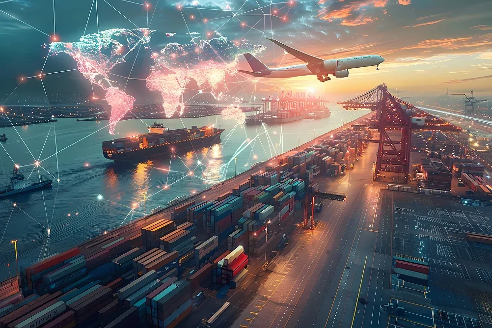 Global supply chain with cargo, ship, and airplane logistics network at shipping port.