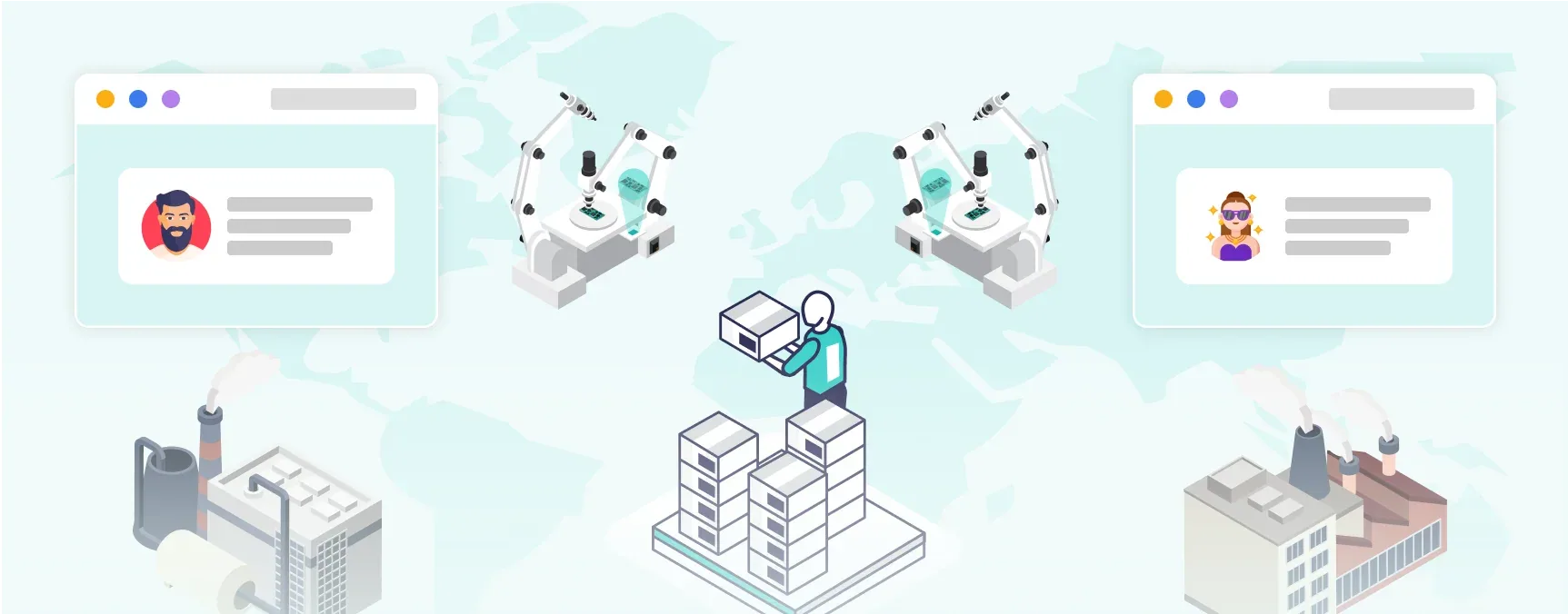 Illustration of a person managing stacked boxes with robotic arms and two factory buildings emitting smoke on a world map background, along with user profile windows.